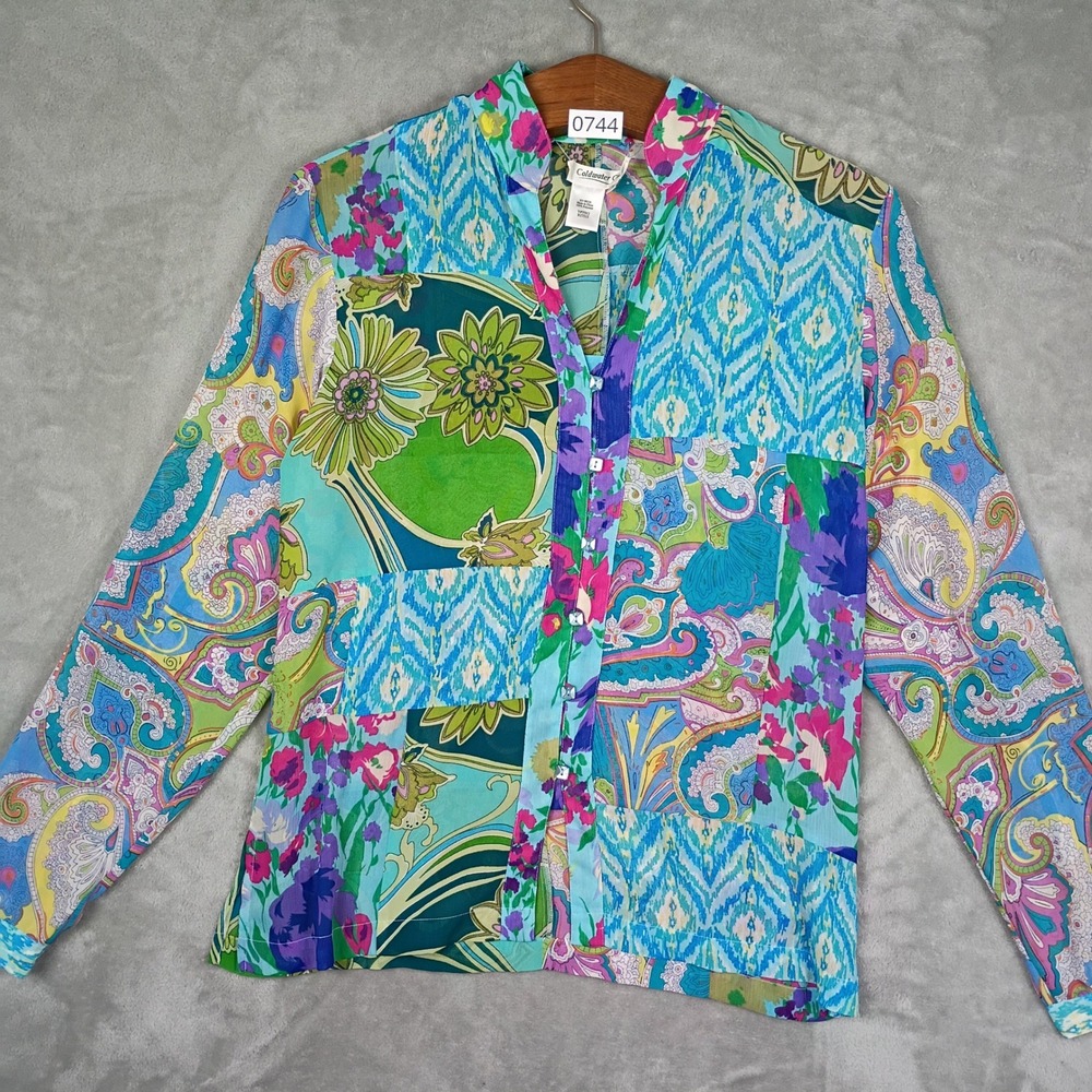 Coldwater Creek Blouse Womens Size M Blue Patchwork Paisley Floral Boho 70s 90s